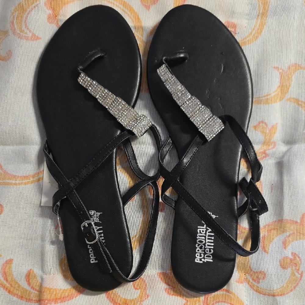 Personal Identity Black Rhinestone T-Strap Sandals